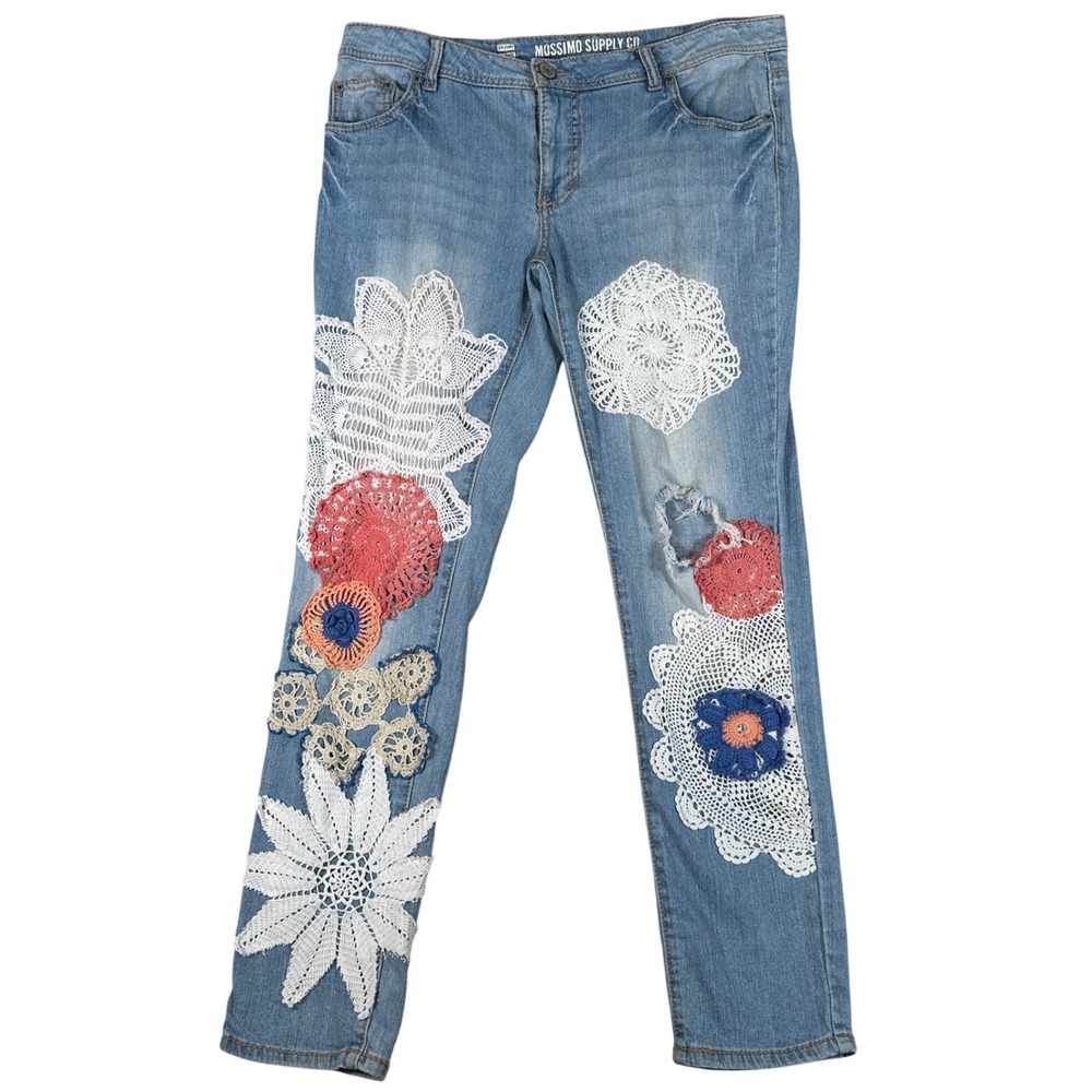 Skinny Jeans Light Wash Crochet Doily Patchwork Boho upcycle shabby hippie artsy